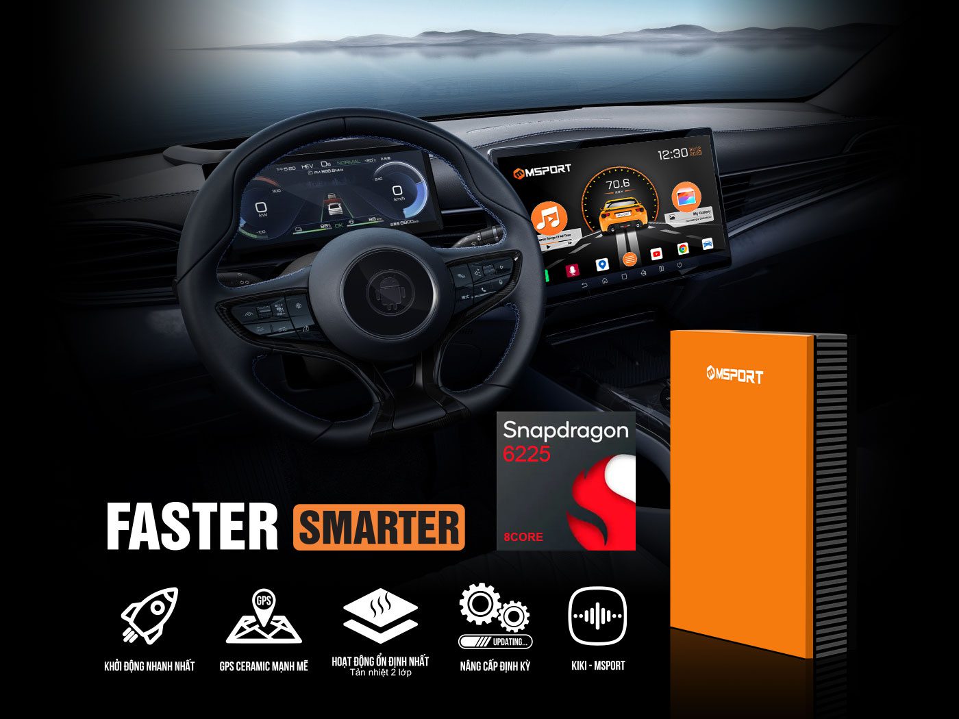 Android AI Box MSPORT chip Snapdragon 6225 trên taplo ô tô